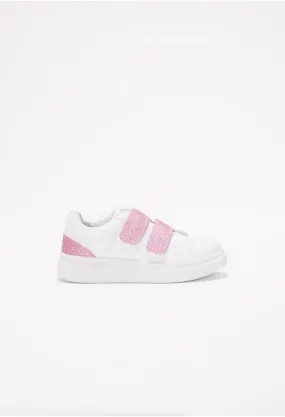 Tenis blancos con velcro y glitter rosa